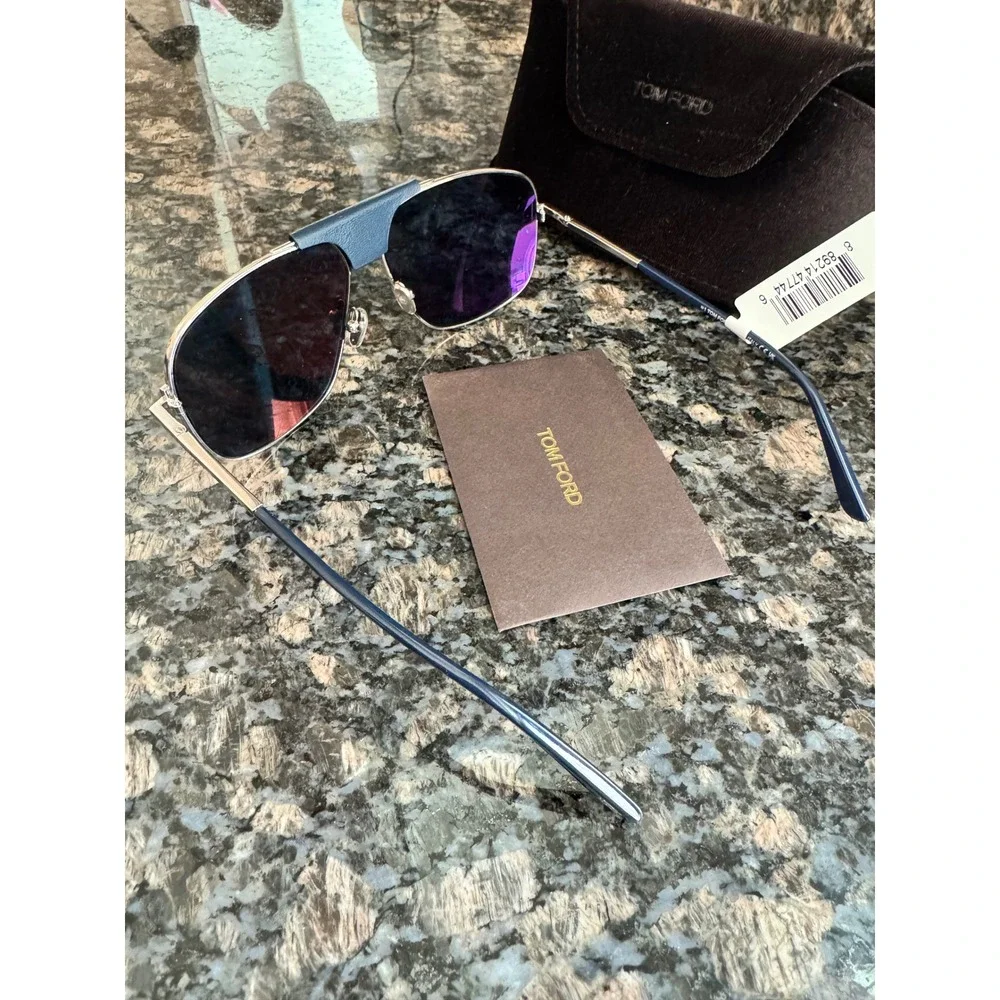 Tom Ford Tex TF1096 Aviator Sunglasses Silver Blue Leather 16V‎ 62-13-145 Italy